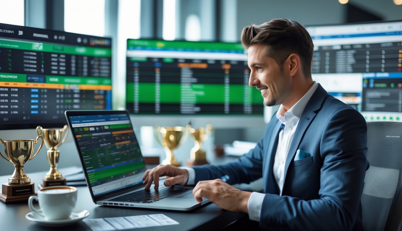 Seorang agen judi balap kuda online sedang bekerja di kantor modern dengan beberapa layar komputer menampilkan data balap kuda dan streaming langsung.