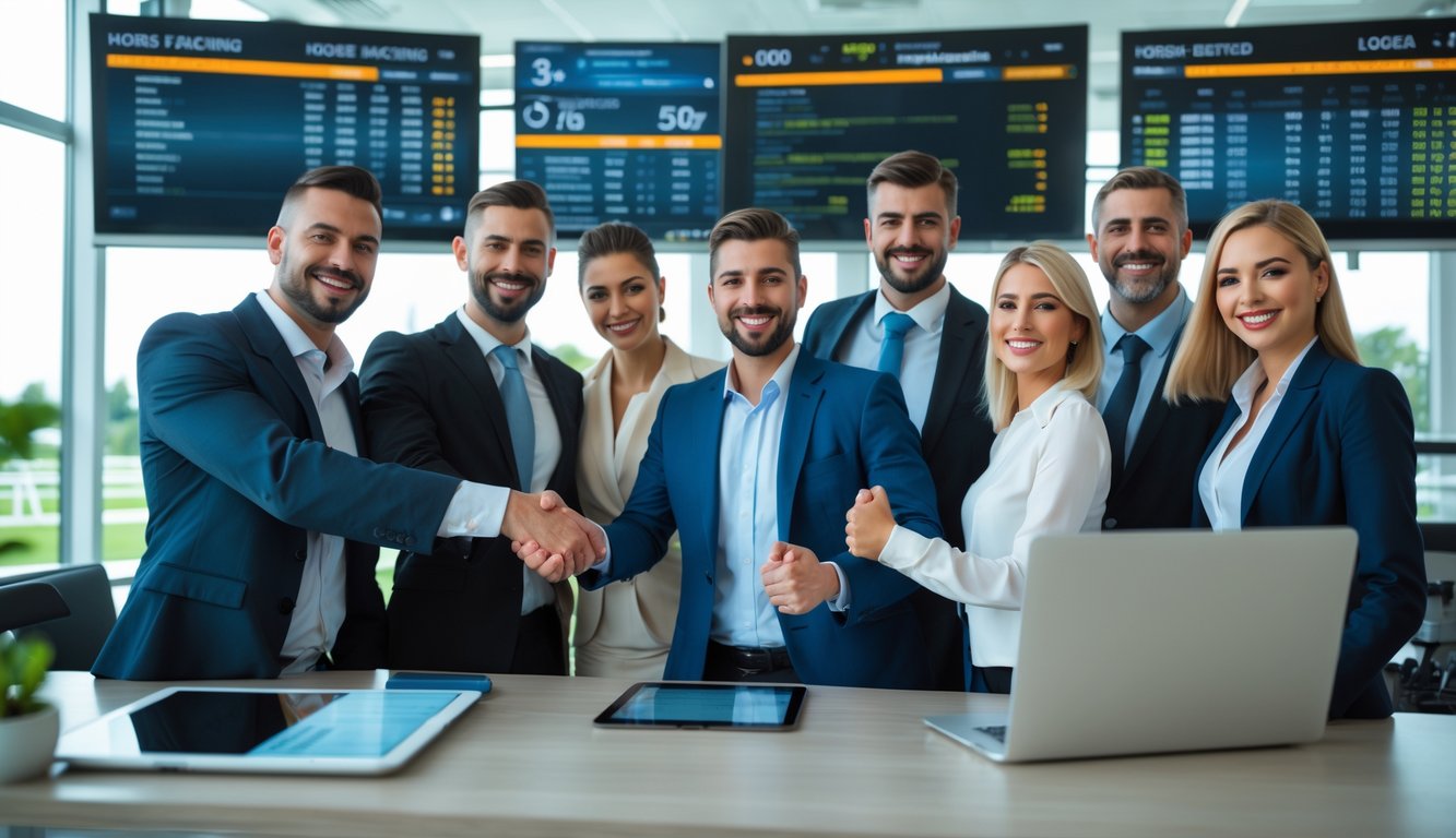 Sekelompok profesional bisnis yang percaya diri merayakan keberhasilan platform judi balap kuda online dengan latar kantor modern dan layar digital menampilkan data balap kuda.