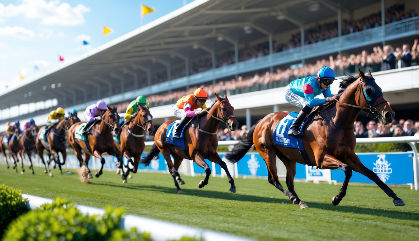 Lomba pacuan kuda dengan joki yang sedang berlomba di lintasan dengan penonton di latar belakang.