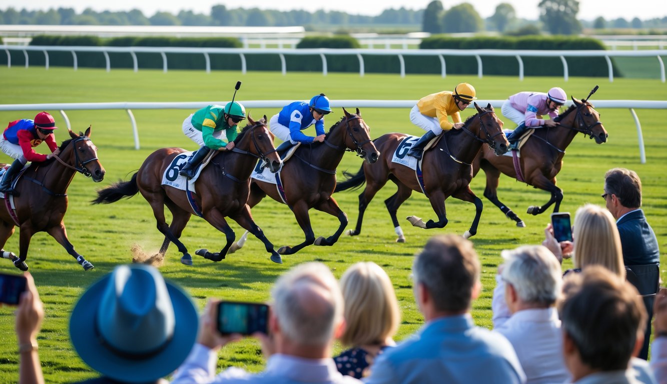 Beberapa kuda pacu sedang berlari cepat di lintasan balap dengan joki mengenakan pakaian warna-warni, sementara penonton antusias menyaksikan perlombaan.