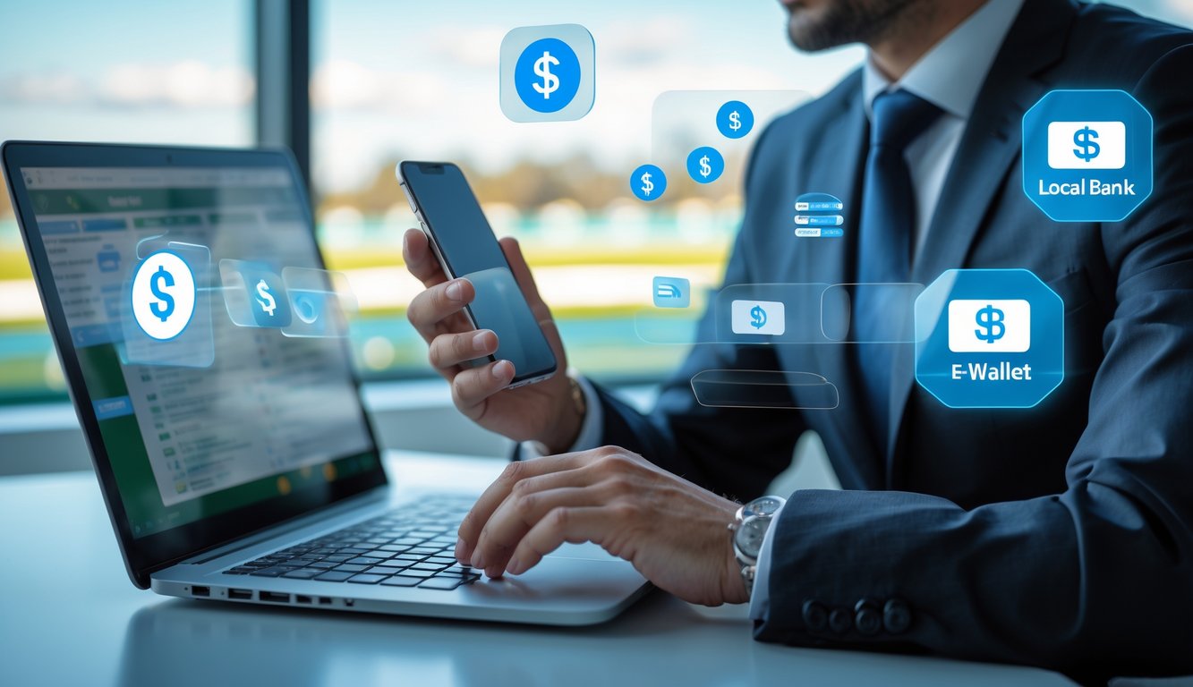 Seorang agen judi balap kuda online menggunakan laptop dan ponsel di kantor modern dengan latar belakang lintasan balap kuda.