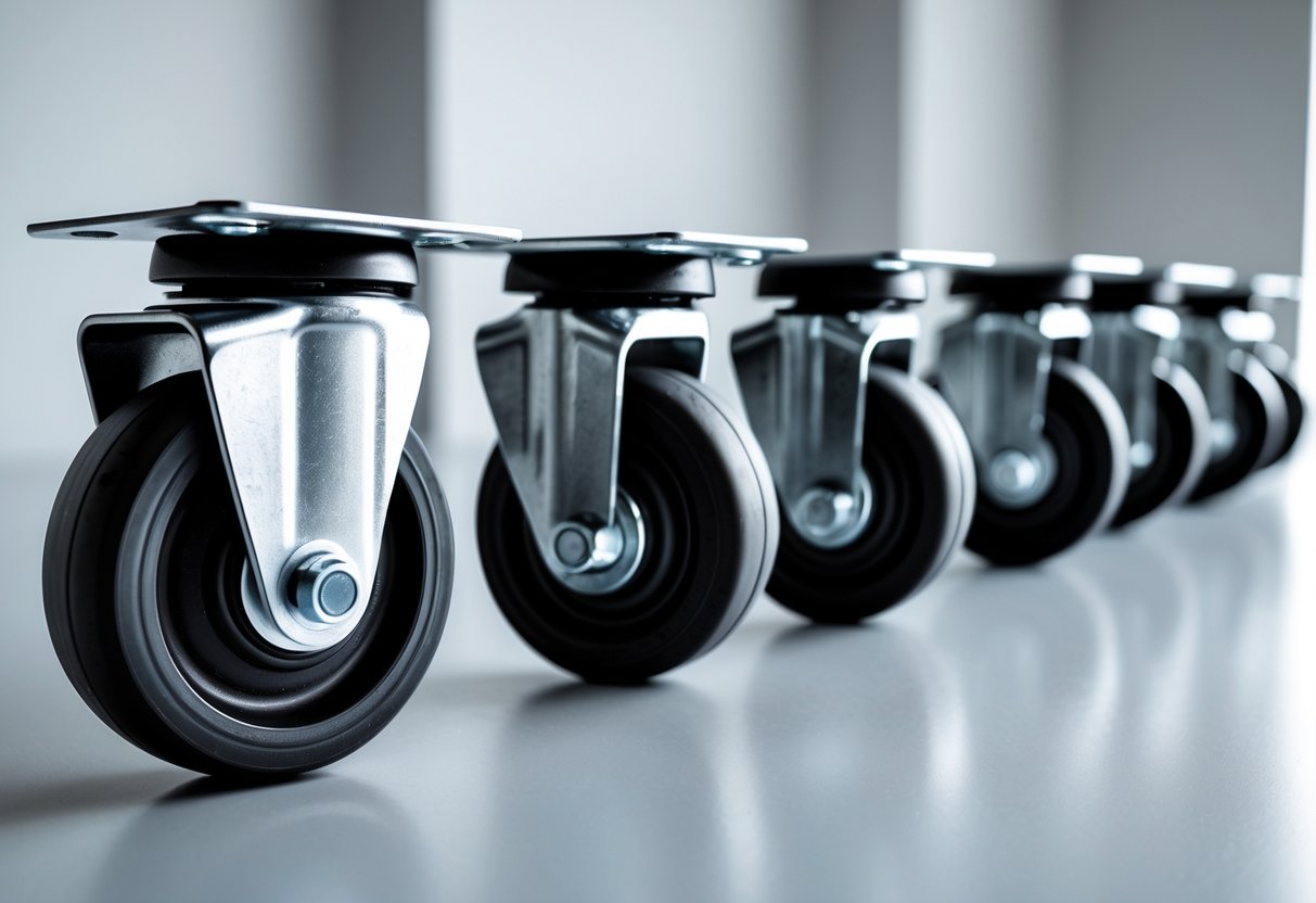 A close-up view of several Hamilton casters with metal frames and rubber wheels arranged on a white surface.
