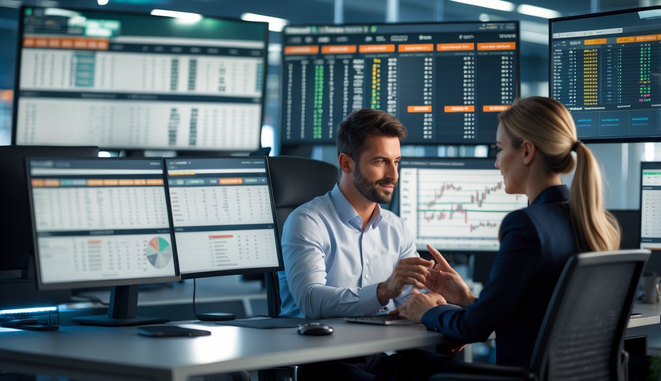 Dua orang sedang bekerja dengan komputer yang menampilkan data balap kuda di kantor modern.