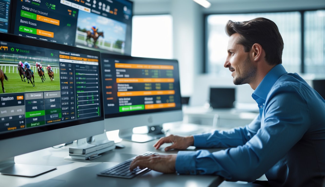 Seorang profesional sedang bekerja dengan beberapa layar komputer menampilkan balap kuda dan data taruhan di ruang kantor modern.