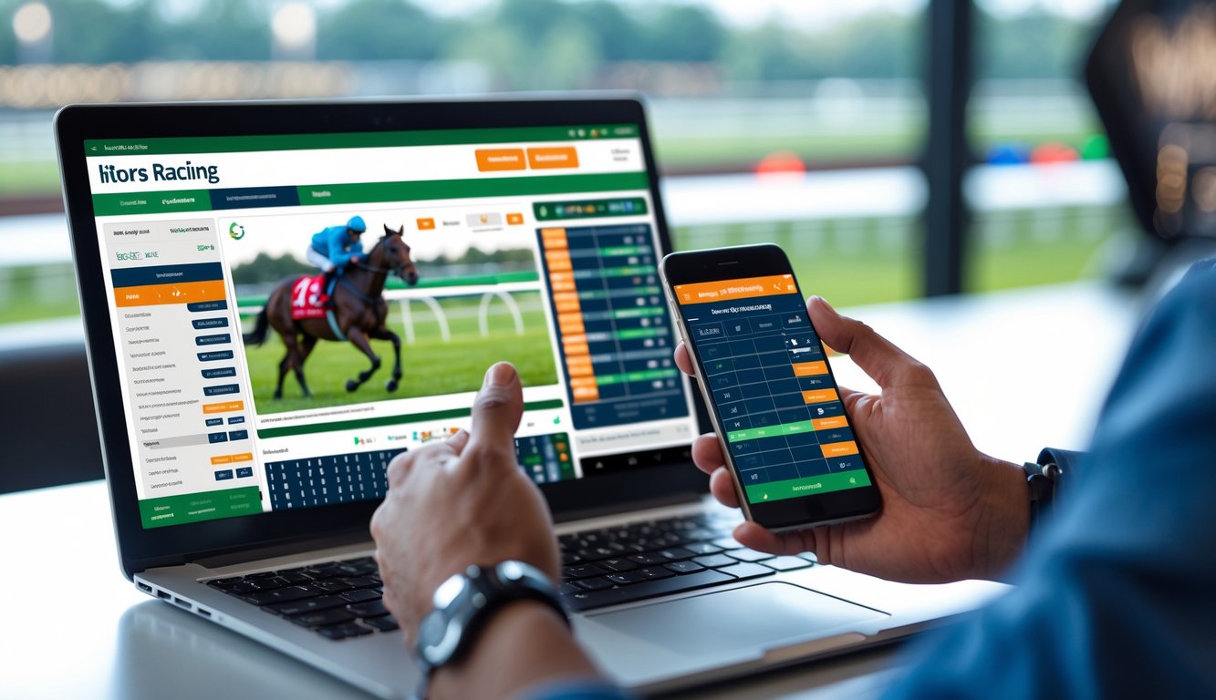 Seseorang menggunakan laptop dan ponsel di meja kerja dengan latar belakang balapan kuda yang samar.