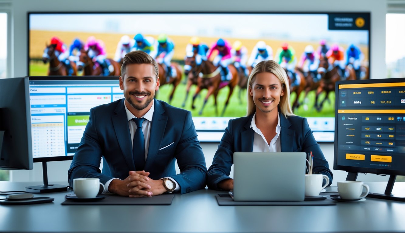 Dua orang profesional duduk di meja dengan perangkat digital menampilkan data balap kuda dan taruhan, di latar belakang layar besar menunjukkan balapan kuda yang sedang berlangsung.