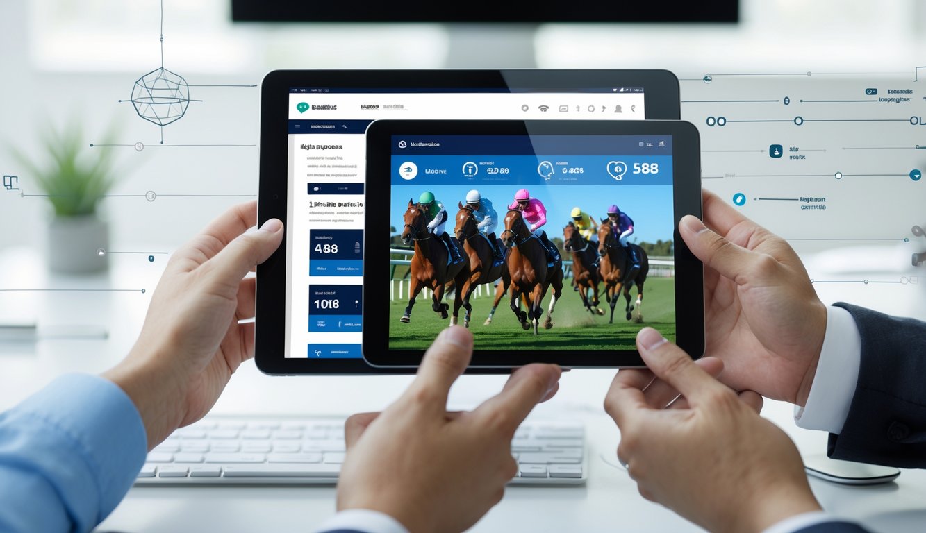 Beberapa tangan memegang smartphone dan tablet yang menampilkan antarmuka taruhan balap kuda online dengan latar belakang ruang kerja modern.