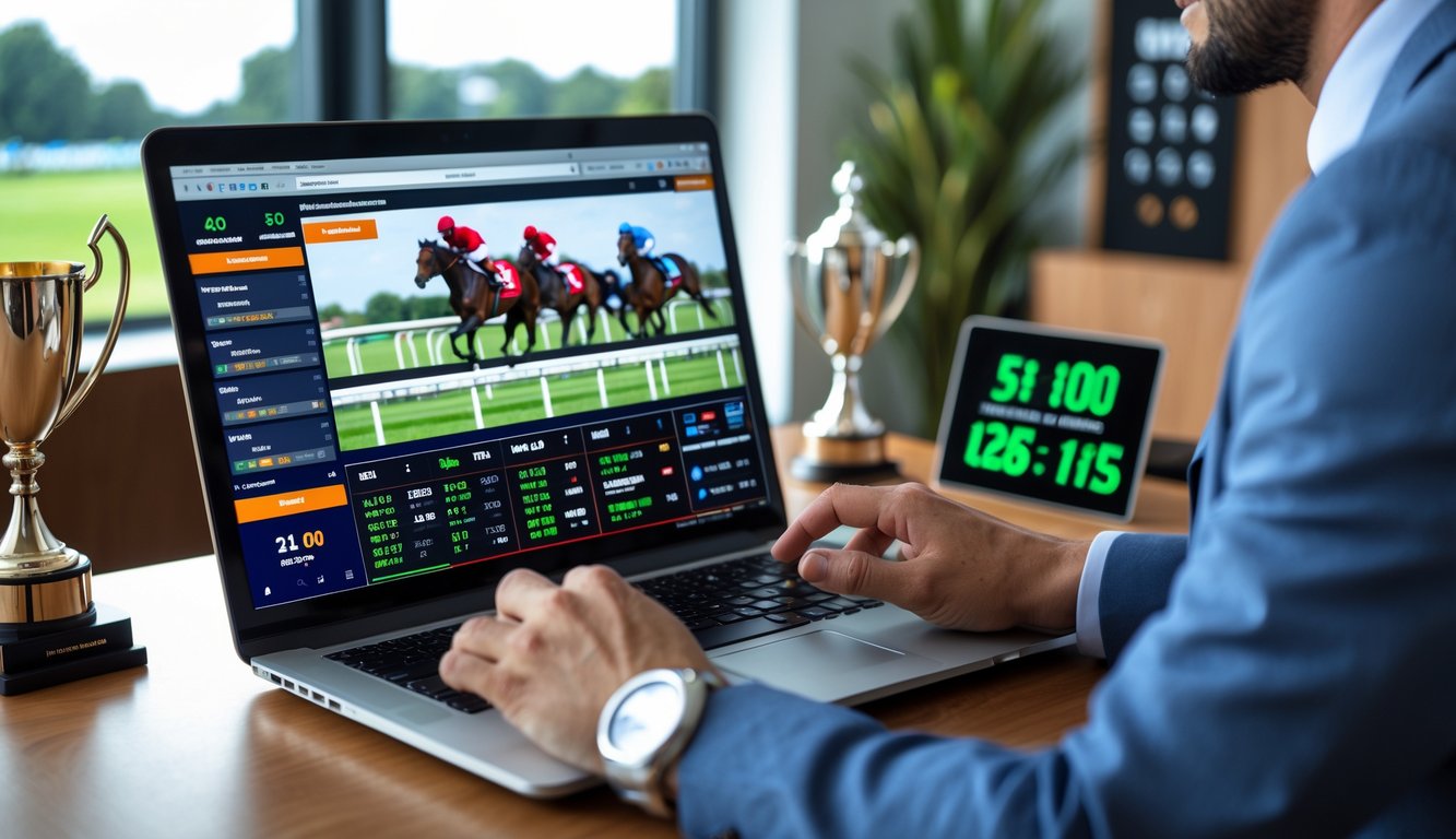 Seseorang menggunakan laptop dengan tampilan balap kuda langsung dan data taruhan waktu nyata di kantor modern.
