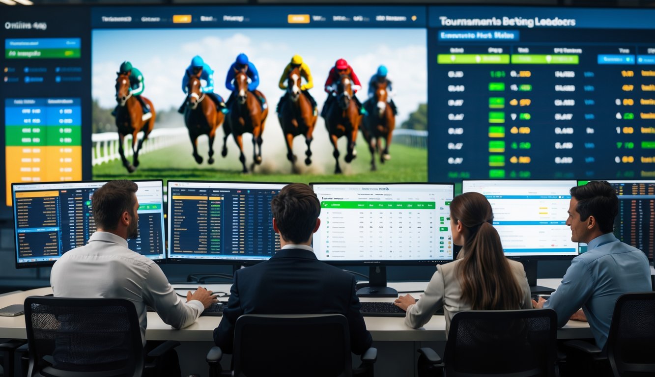 Orang-orang menggunakan komputer untuk memasang taruhan balap kuda online dengan grafik dan data balapan di layar.