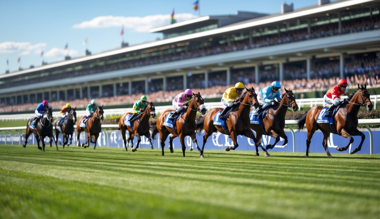 Beberapa kuda pacu dengan joki sedang berlari cepat di lintasan pacuan kuda dengan penonton yang antusias di latar belakang.