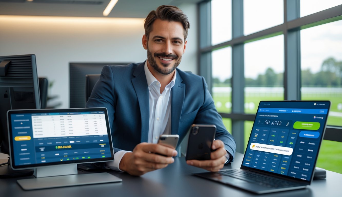 Seorang pria percaya diri duduk di meja modern dengan beberapa perangkat digital yang menampilkan data balap kuda dan statistik taruhan, memegang ponsel yang menunjukkan konfirmasi transaksi cepat.