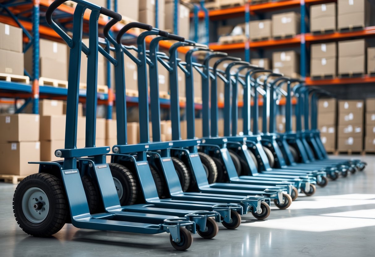 A set of metal hand trucks with large wheels standing in a warehouse with shelves and boxes in the background.