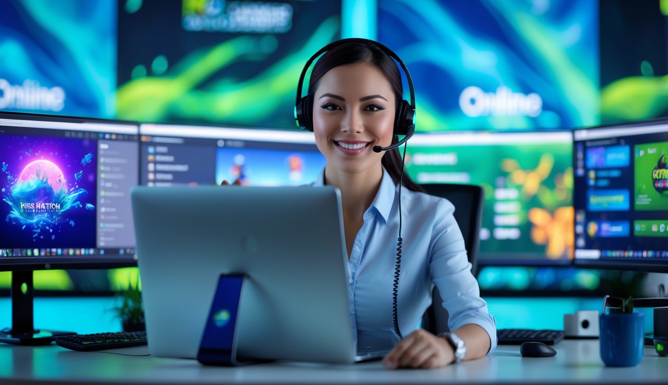 Seorang perwakilan layanan pelanggan tersenyum di meja kantor dengan layar komputer menampilkan grafik bertema bawah laut dan antarmuka permainan online.