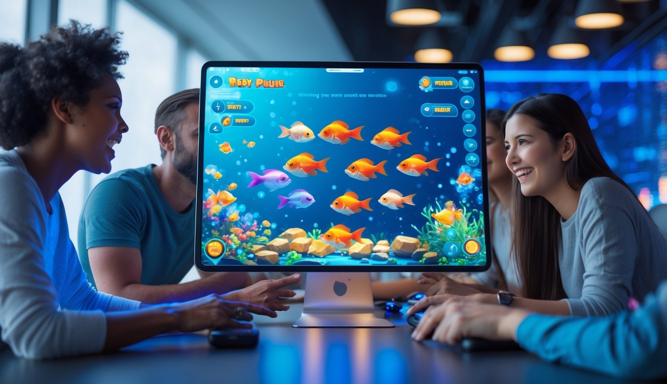 Beberapa orang sedang bermain game tembak ikan online dengan layar perangkat digital yang menampilkan ikan berwarna-warni dan elemen bawah laut.