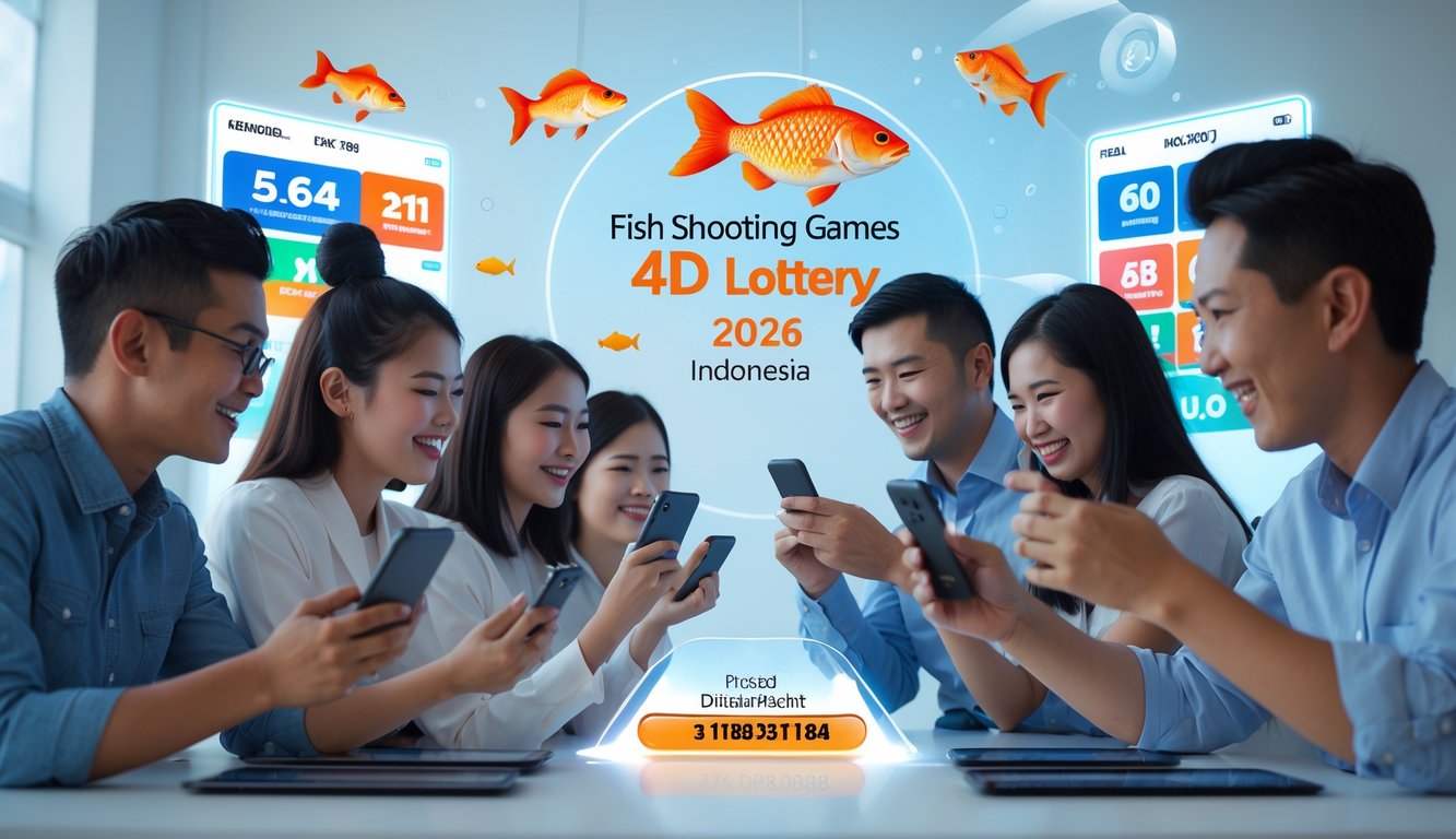 Sekelompok orang sedang bermain game tembak ikan dan lotere 4D secara online menggunakan perangkat digital di lingkungan yang modern dan cerah.