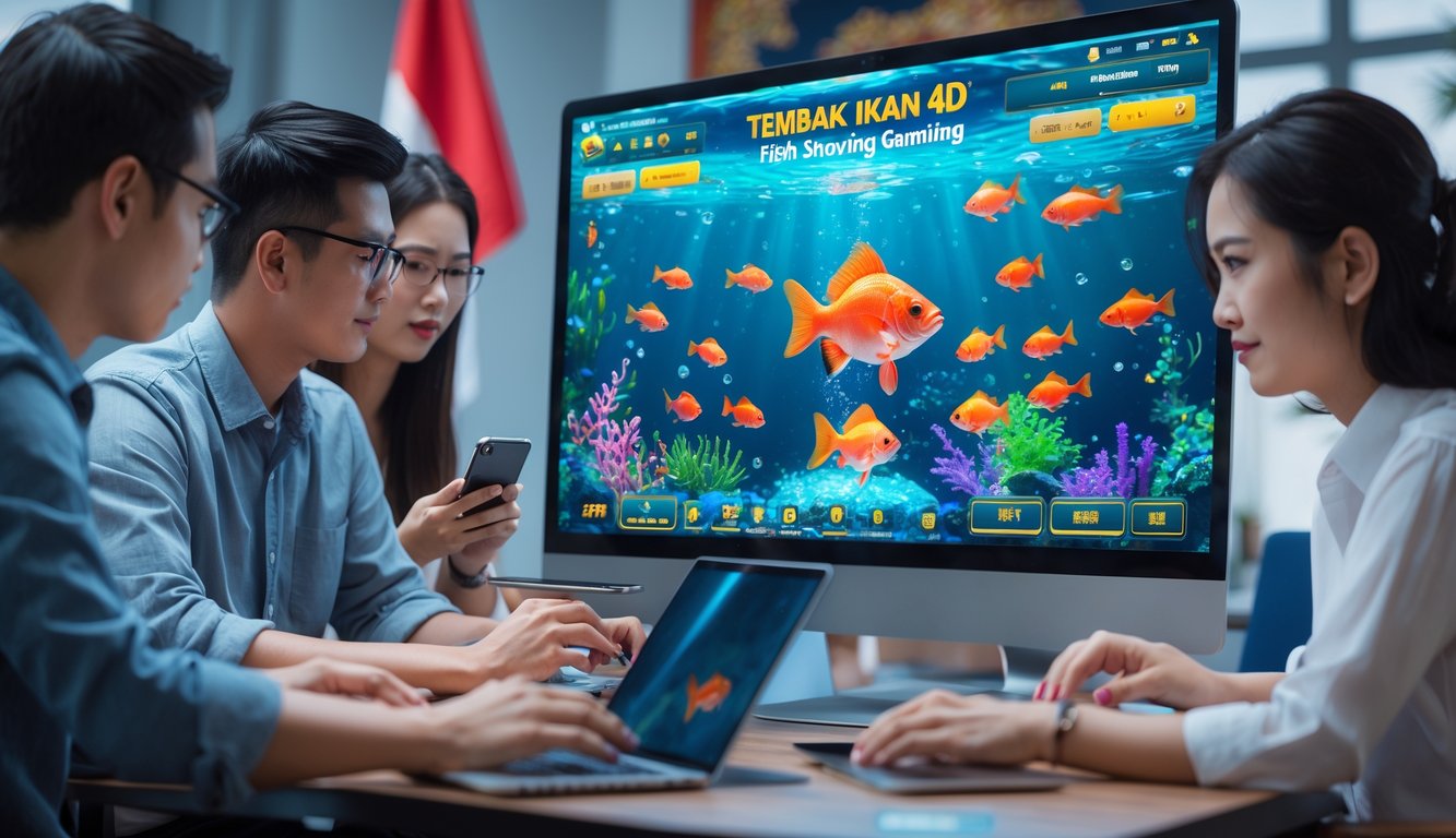 Beberapa orang muda sedang bermain dan berdiskusi di depan komputer dengan layar menampilkan permainan tembak ikan online, suasana modern dan profesional.