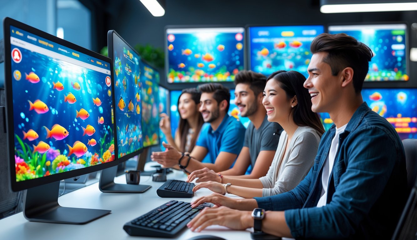 Sekelompok orang muda bermain game tembak ikan online dengan komputer dan layar berwarna-warni di ruangan modern.