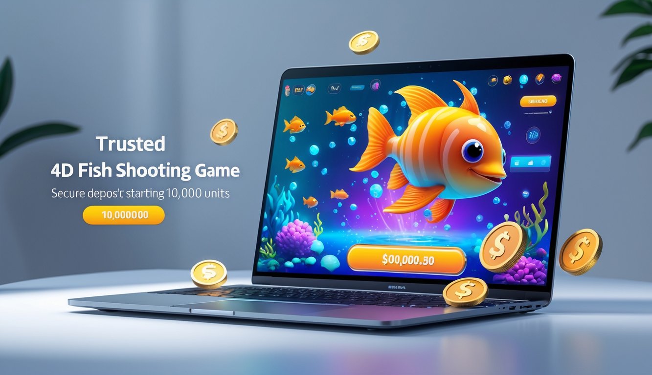 Sebuah komputer menampilkan permainan tembak ikan online dengan grafis ikan berwarna-warni dan elemen permainan digital di layar.