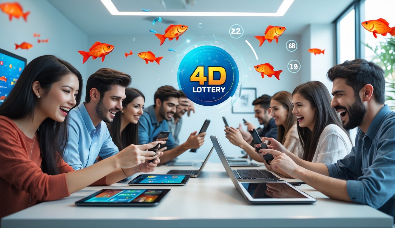 Sekelompok orang muda bermain game online tembak ikan dan lotere 4D menggunakan perangkat digital di ruangan modern.