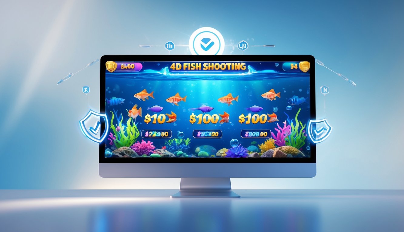 Seorang pengguna bermain game tembak ikan 4D online dengan layar perangkat menampilkan ikan berwarna-warni dan indikator jackpot dalam suasana laut yang cerah.