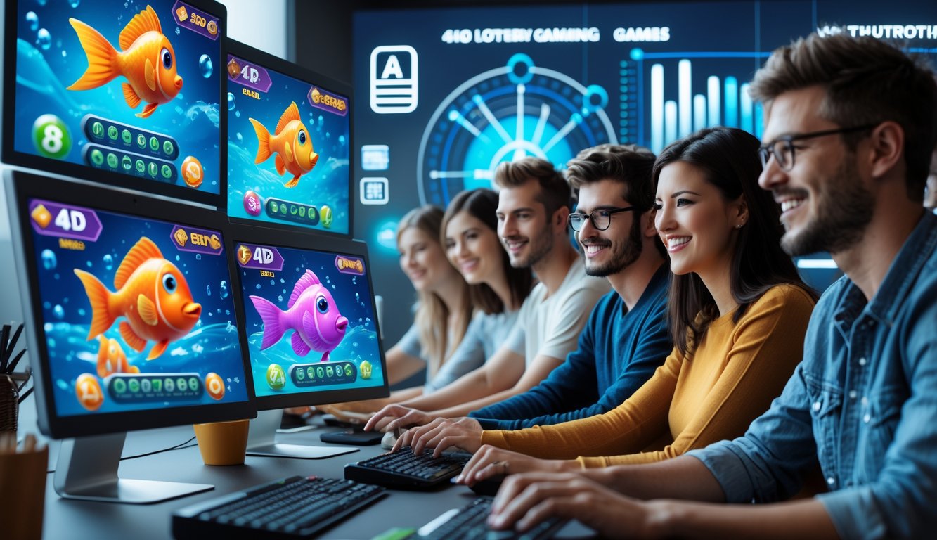 Sekelompok orang muda menggunakan komputer dengan tampilan permainan tembak ikan dan angka 4D di layar dalam ruangan yang terang dan modern.