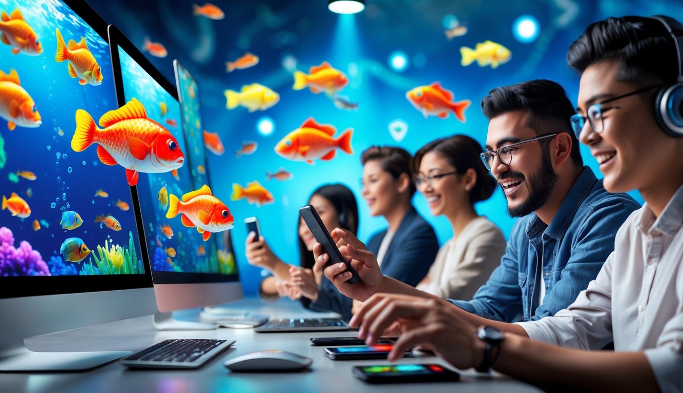 Beberapa orang muda sedang bermain game tembak ikan secara online dengan latar belakang tema bawah laut yang berwarna-warni dan suasana yang menyenangkan.