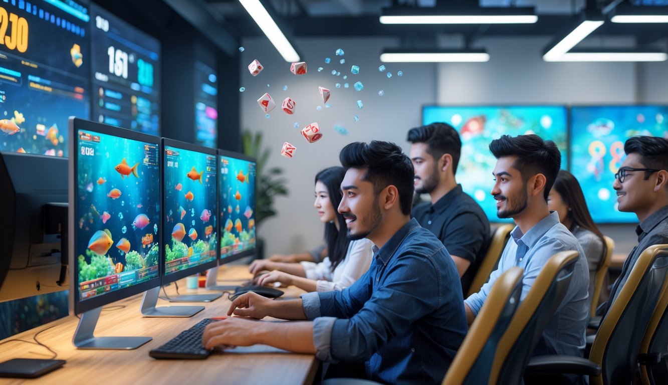 Beberapa orang muda sedang bermain permainan tembak ikan di komputer dengan latar belakang grafis bawah laut yang berwarna-warni.