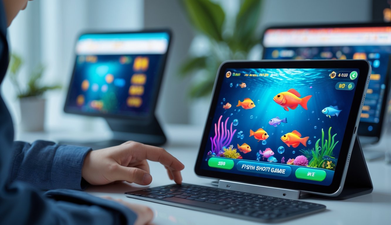 Seseorang menggunakan tablet yang menampilkan permainan tembak ikan dengan grafis ikan berwarna-warni di lingkungan digital modern.
