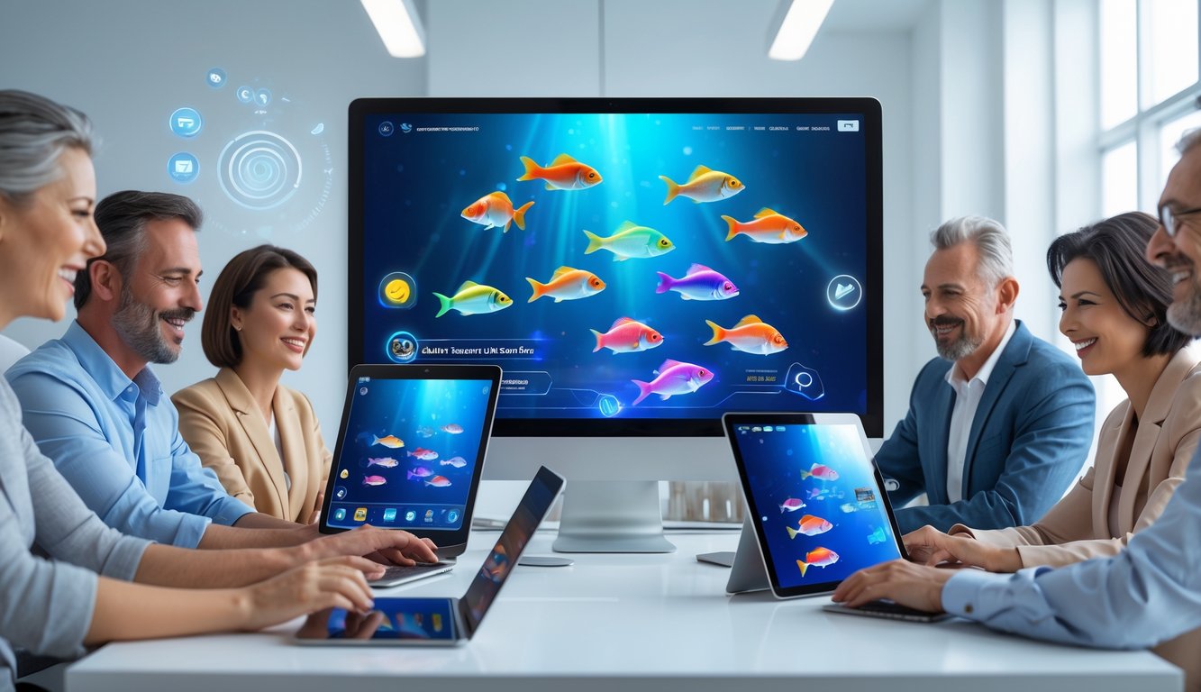 Orang-orang bermain game tembak ikan online di perangkat digital dalam ruang kerja modern yang terang dan rapi.