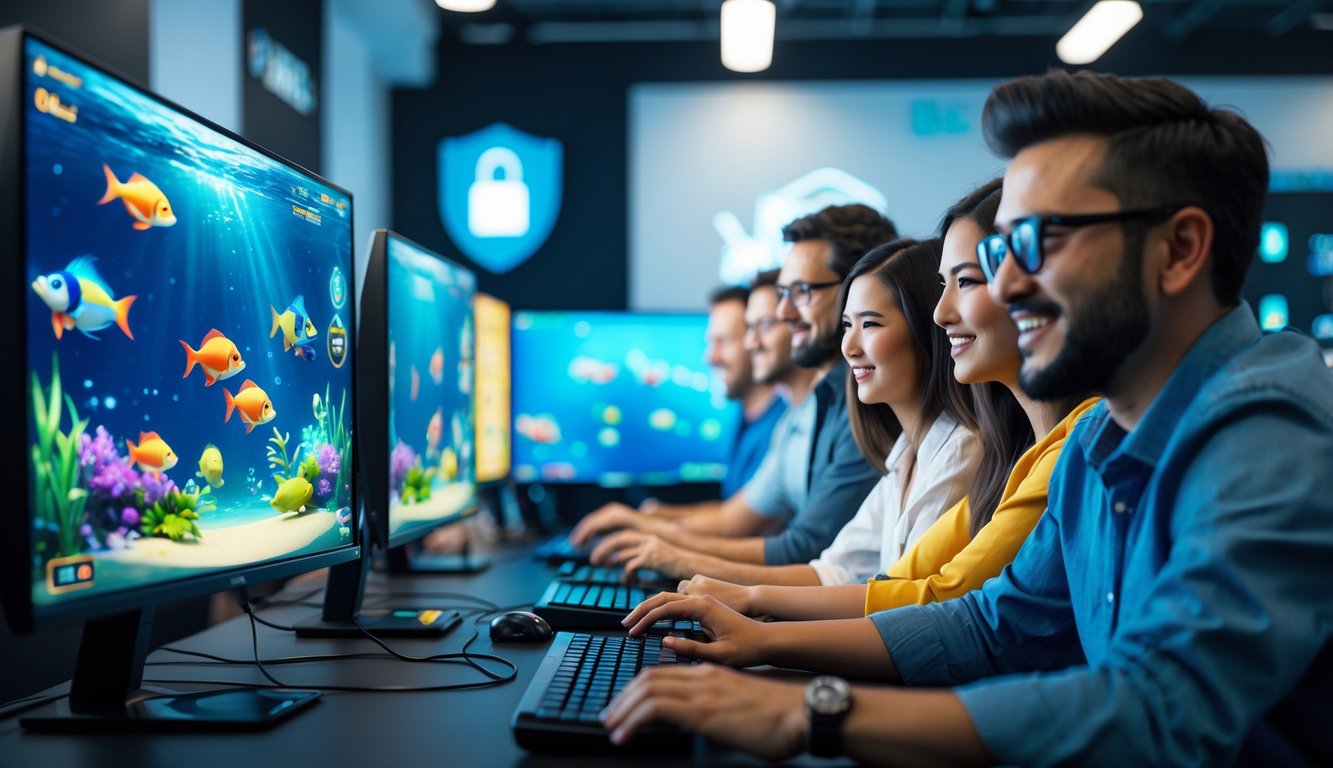 Orang-orang sedang bermain game tembak ikan online di ruangan gaming dengan komputer dan layar penuh warna ikan-ikan bawah laut.