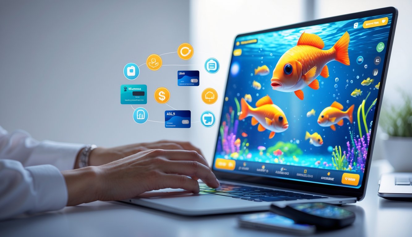 Seseorang menggunakan komputer dengan tampilan permainan ikan warna-warni dan simbol pembayaran digital di sekitarnya.