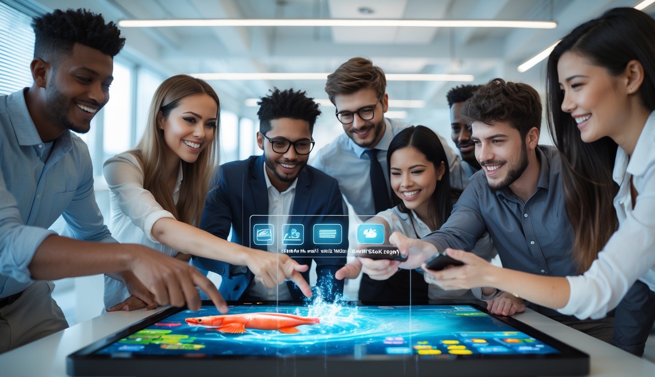 Sekelompok orang muda sedang bermain game tembak ikan di layar sentuh di ruang kantor modern dengan suasana cerah dan teknologi canggih.