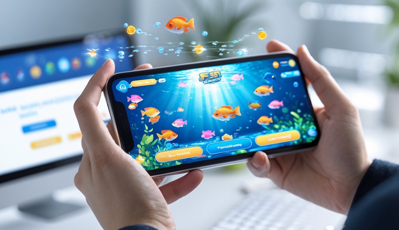 Seseorang memegang ponsel yang menampilkan permainan tembak ikan dengan latar belakang meja kerja yang rapi dan elemen digital mengambang.