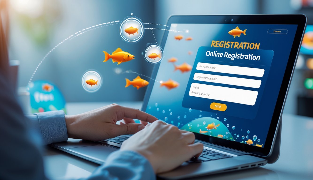 Seseorang menggunakan laptop untuk mendaftar di situs judi tembak ikan online dengan latar belakang grafis ikan digital.