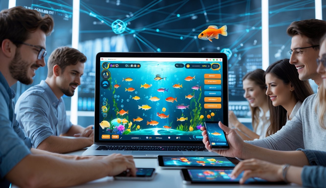 Sekelompok orang muda sedang bermain game tembak ikan online dengan layar perangkat yang menampilkan ikan berwarna-warni dan efek air.
