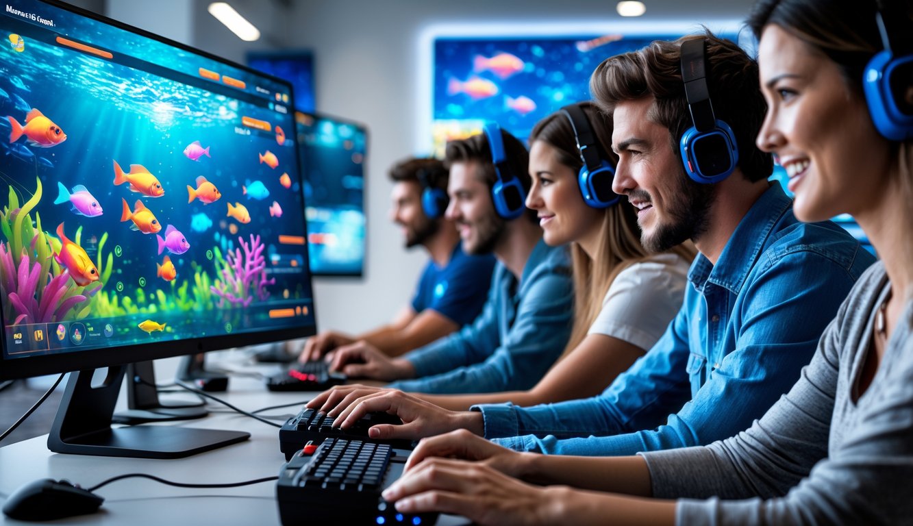 Beberapa orang muda sedang bermain game tembak ikan online di komputer dengan layar menampilkan grafik ikan berwarna-warni di bawah laut.