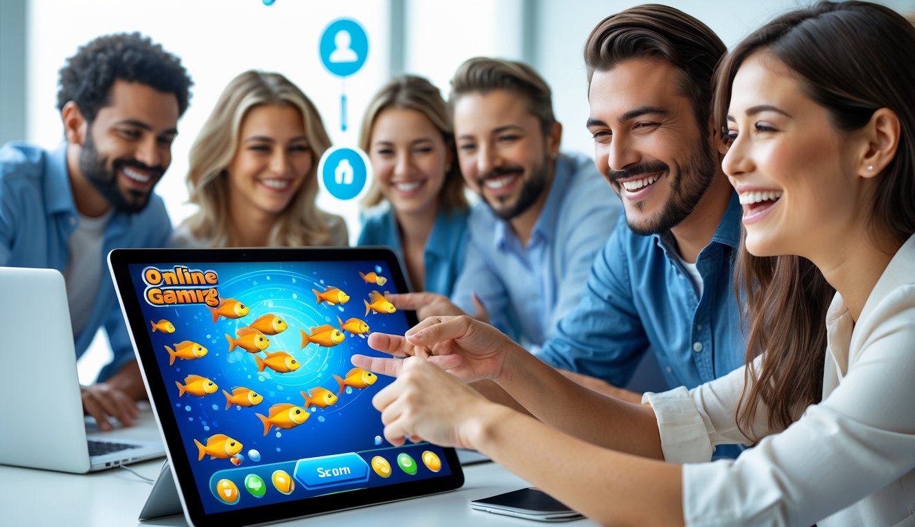 Orang-orang sedang bermain permainan tembak ikan online di layar komputer dengan ekspresi antusias di ruang modern.