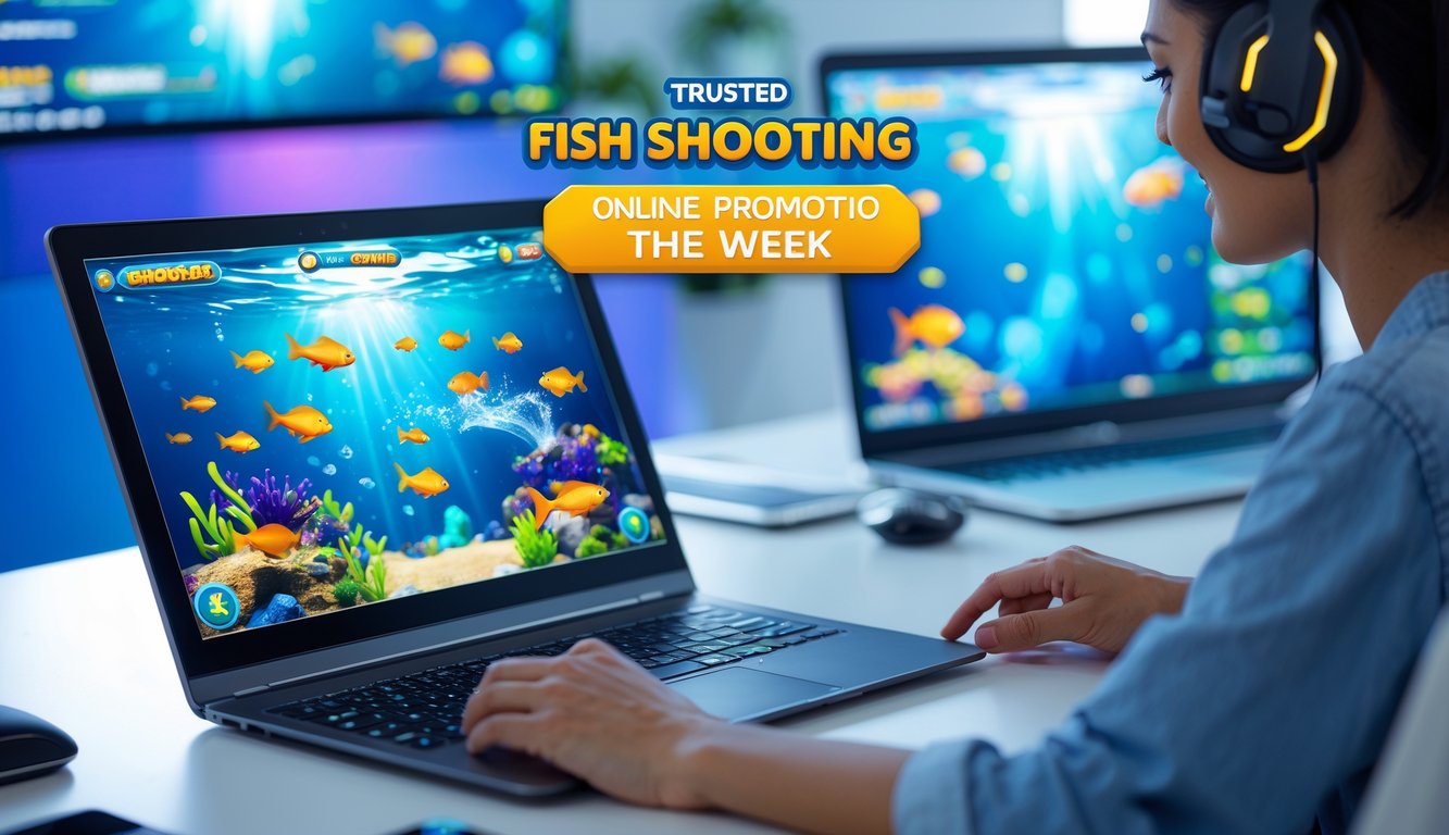 Seseorang menggunakan laptop dengan layar menampilkan permainan tembak ikan yang penuh warna di lingkungan kerja yang rapi.