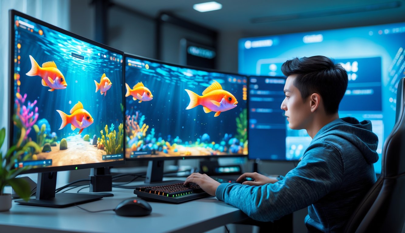 Seorang pemain muda sedang bermain game tembak ikan di komputer dengan layar menampilkan ikan berwarna-warni di lingkungan permainan bawah laut.