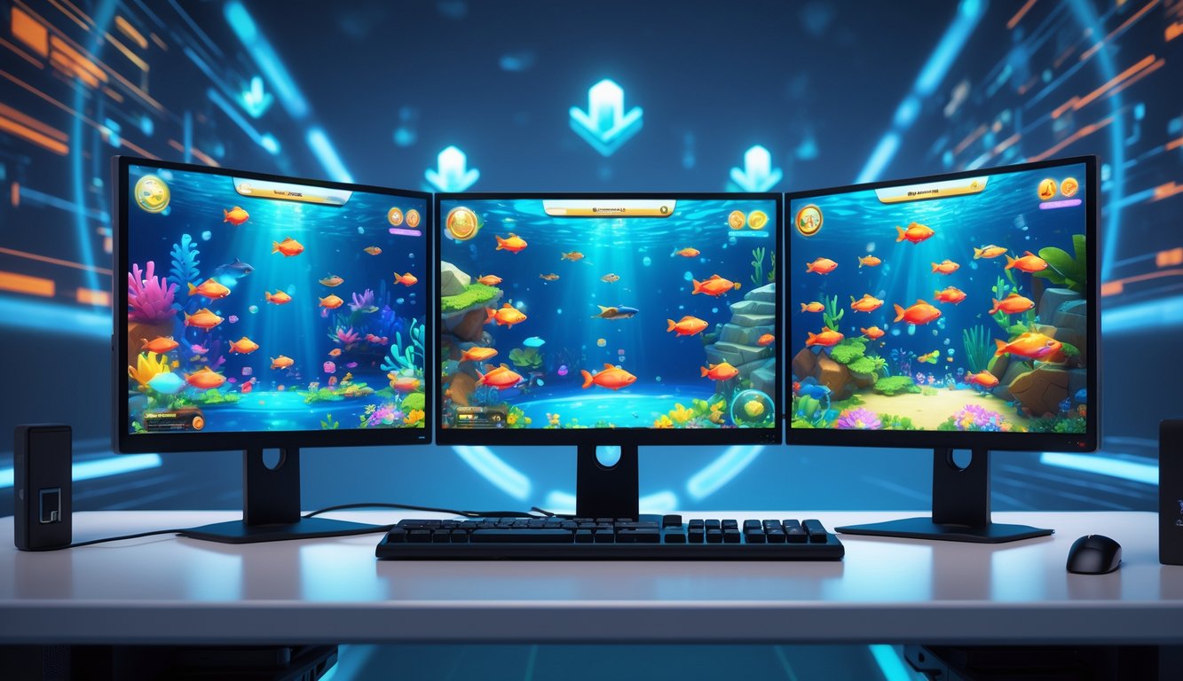 Sebuah setup komputer modern menampilkan permainan menembak ikan dengan berbagai ikan berwarna-warni di layar, menggambarkan lingkungan permainan online yang lancar dan terpercaya.
