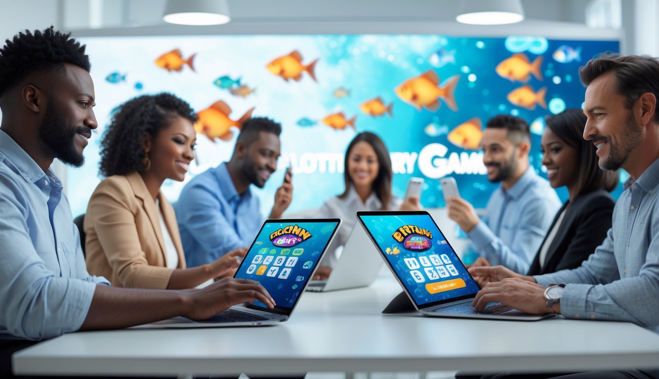 Sekelompok orang dewasa menggunakan perangkat digital untuk bermain permainan ikan dan lotere secara online di ruang kerja modern.