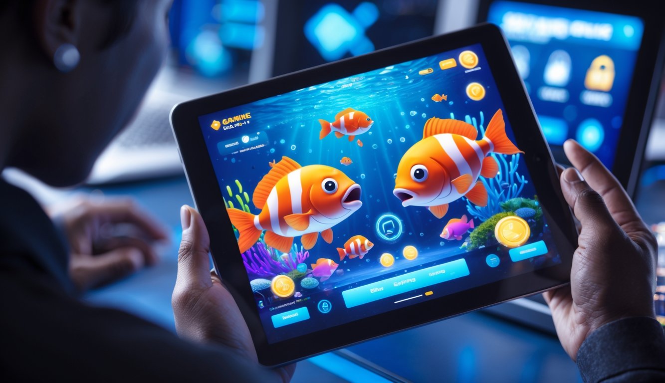 Seseorang menggunakan perangkat digital dengan tampilan permainan tembak ikan berwarna-warni dan elemen keamanan digital di latar belakang.