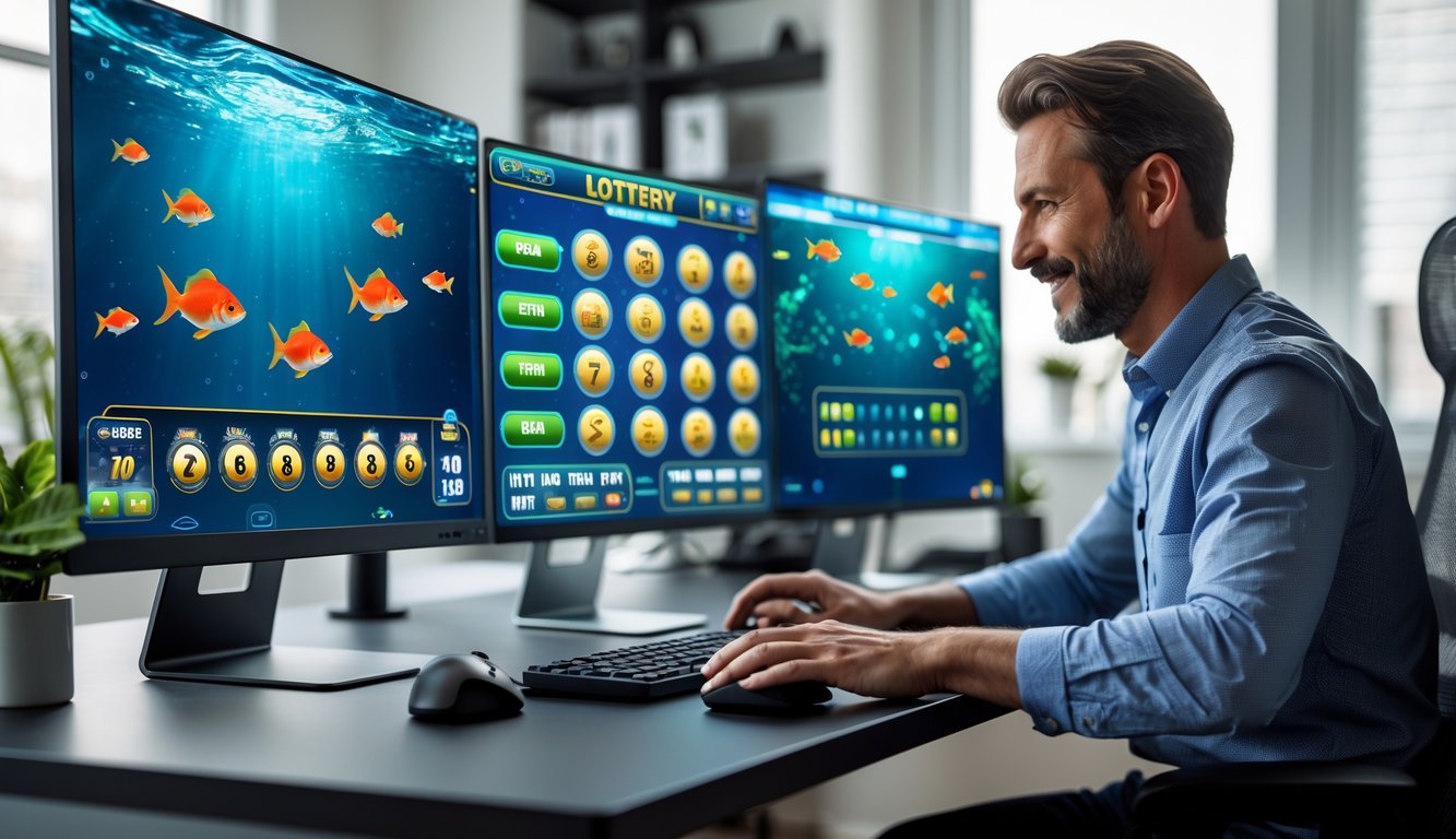 Dua orang dewasa sedang bermain game online dengan tema ikan dan lotere di komputer di ruang kerja rumah yang rapi dan terang.