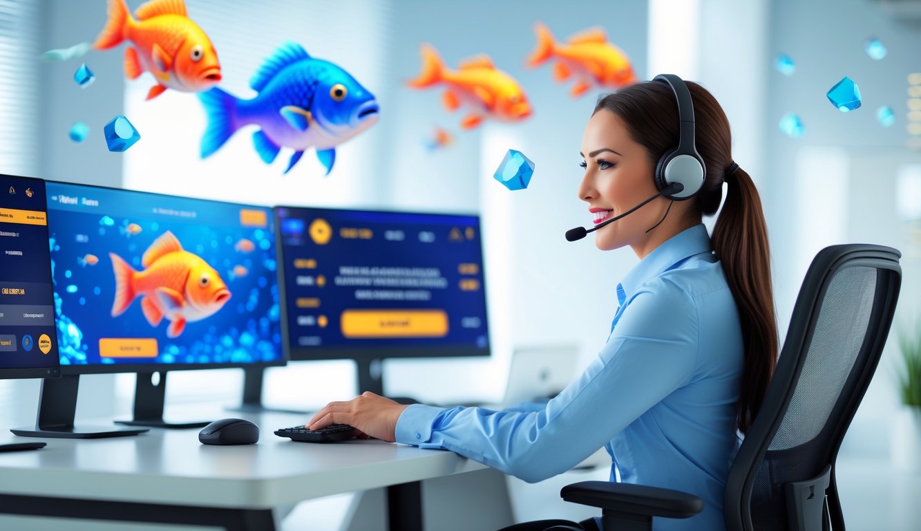 Seorang agen layanan pelanggan profesional sedang bekerja di depan komputer dengan tampilan permainan tembak ikan online di layar.
