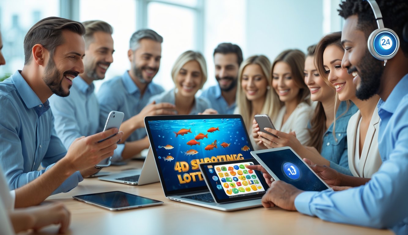 Beberapa orang menggunakan perangkat digital dengan latar belakang tema permainan ikan dan lotere, serta seorang staf layanan pelanggan siap membantu.