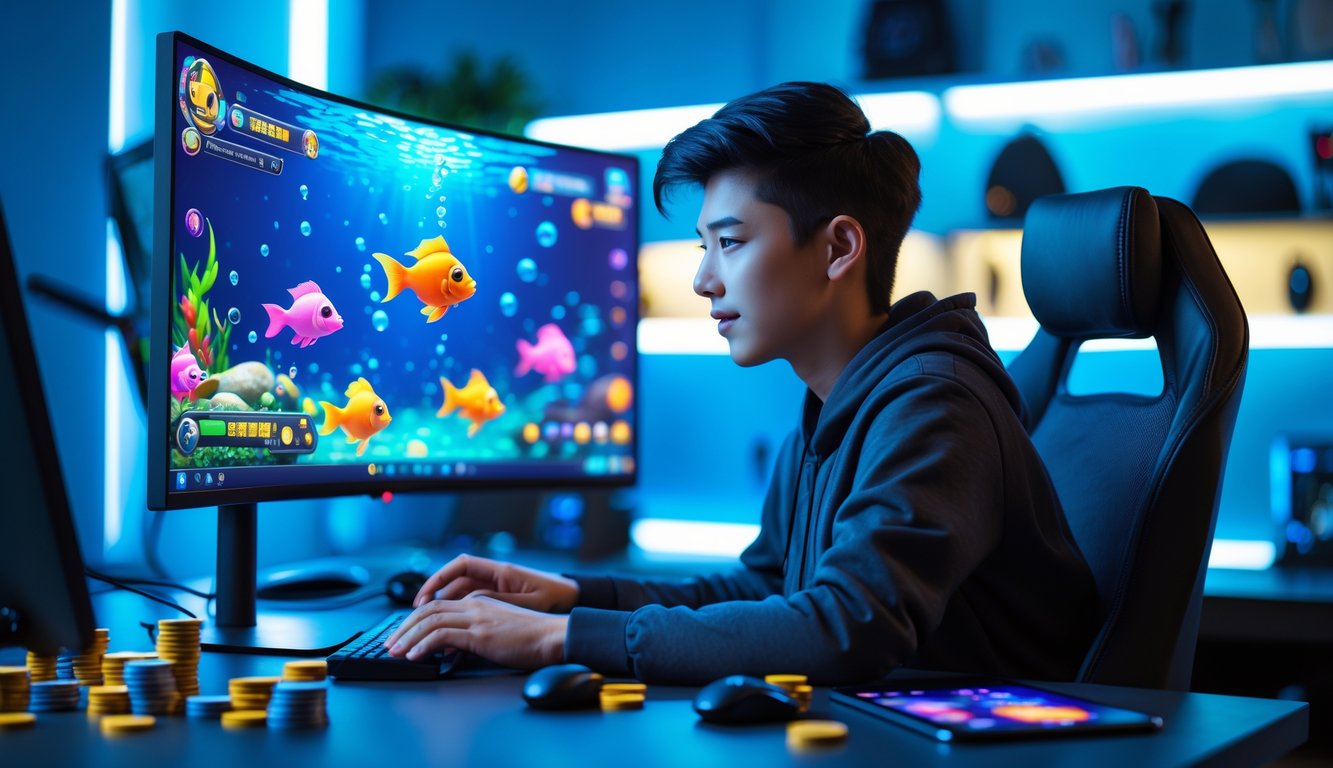 Seseorang duduk di depan komputer dengan layar besar menampilkan permainan tembak ikan online, di ruang kerja modern yang terang dan rapi.