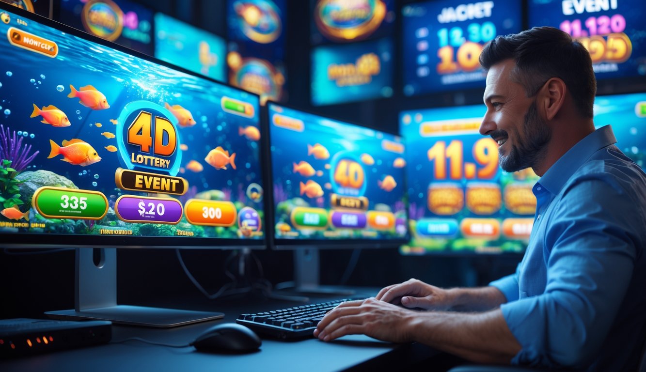 Seorang pemain dewasa sedang bermain game tembak ikan online dengan layar komputer yang menampilkan grafik ikan berwarna-warni dan indikator jackpot.