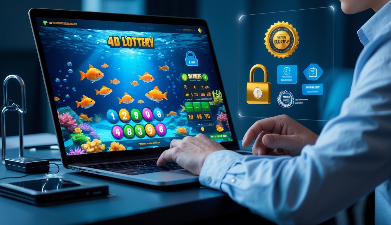 Seseorang menggunakan laptop dengan tampilan permainan tembak ikan dan angka lotere di layar, dikelilingi simbol keamanan dan sertifikasi resmi.