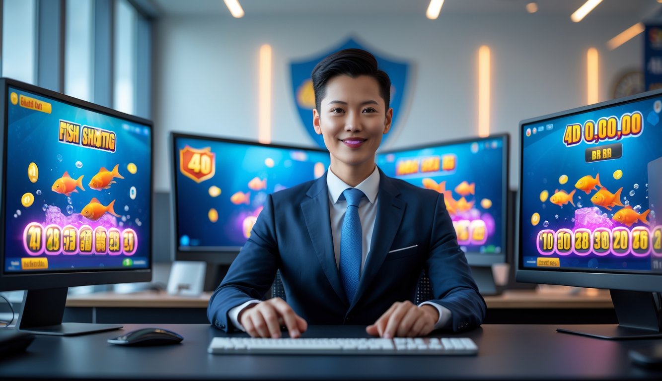 Seorang agen judi online duduk di depan komputer dengan layar menampilkan permainan tembak ikan dan angka lotere 4D, di kantor modern yang rapi.