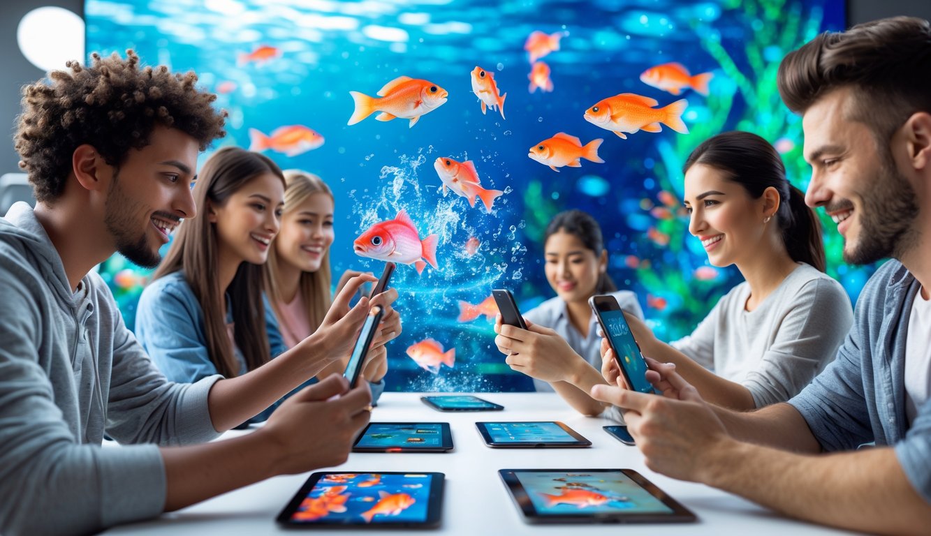 Beberapa orang muda sedang bermain game tembak ikan secara online menggunakan perangkat mobile dengan latar belakang tema bawah laut yang berwarna-warni.